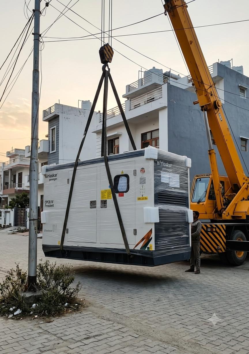 Genset being craned into a residential Tricity street at dusk